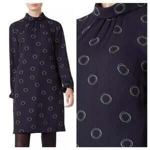 Hobbs Clarice Dot Print Mini Dress Blue Collared Zip Ruffled Long Sleeve Sz 6